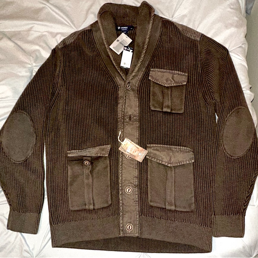 Cremieux Collection Men's Brown Knit Cardigan, Sweater Jacket with Shawl Collar.